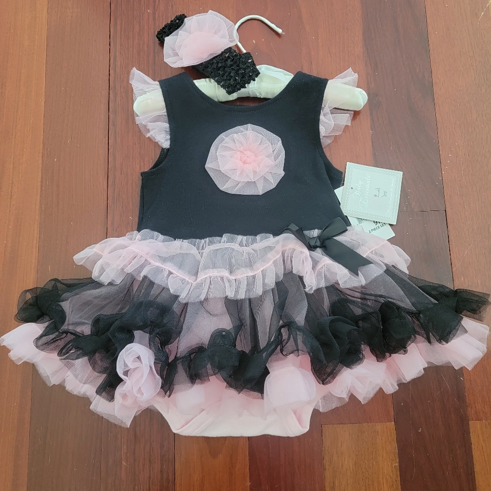 Baby Girl Pink & Black Ruffle Skirt Bodysuit | 9M